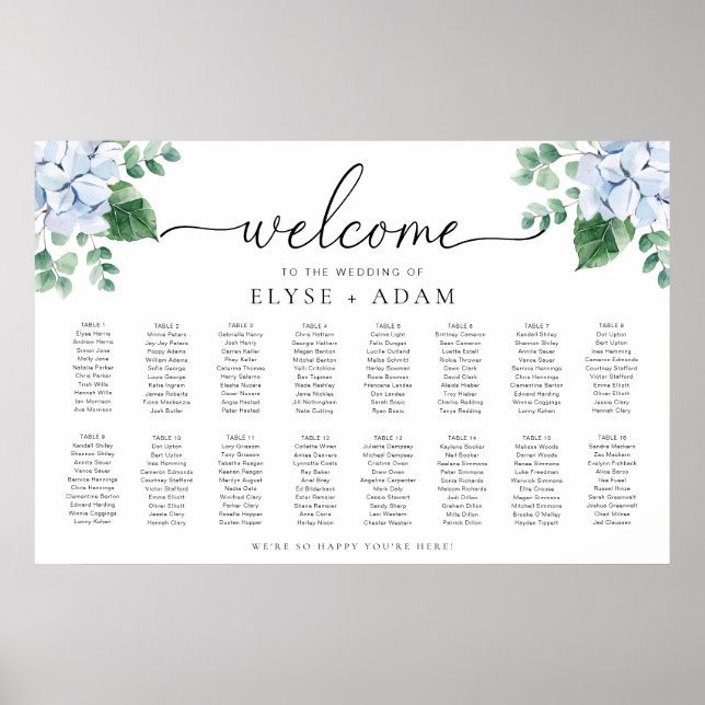 Blue Hydrangea 16 Table Seating Chart Poster (Front)