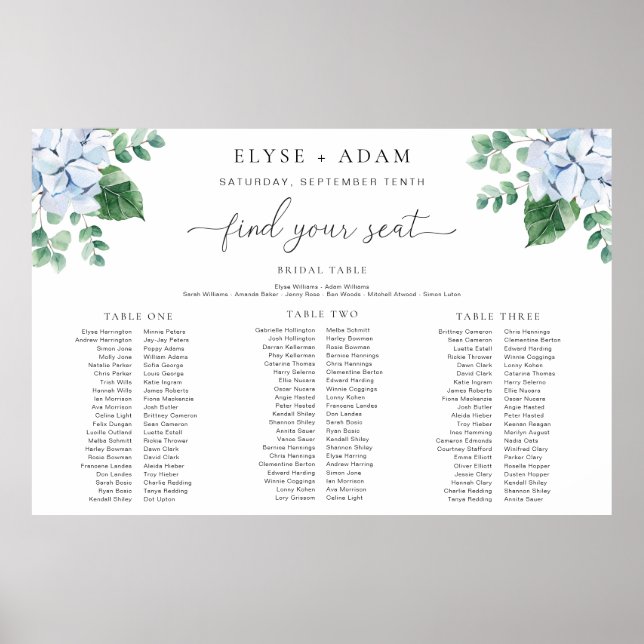 Blue Hydrangea 3 Banquet Seating Chart Foam Board (Front)
