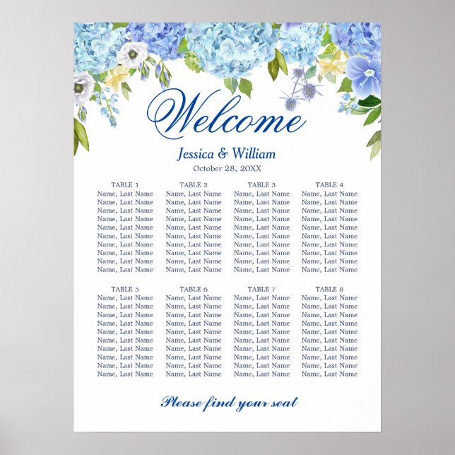 Blue Hydrangea  8 Tables Wedding SEATING CHART (Front)