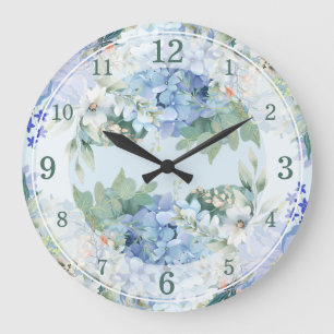 Blue Hydrangea and Floral Watercolor Wall Clock