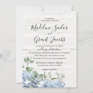 Blue Hydrangea and Greenery Barn Wood Wedding Invi Invitation