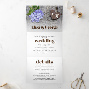 Blue hydrangea and heart on wood rustic wedding Tri-Fold invitation