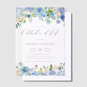 Blue Hydrangea and Ivory Rose Celebration of Life Vellum Invitations