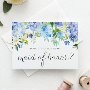 Blue Hydrangea and Ivory Rose Floral Maid of Honou Invitation Postcard