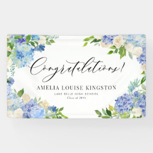 Blue Hydrangea and Ivory Rose Graduation Party Banner