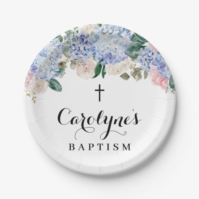 Blue Hydrangea and Ivory Roses Baptism Paper Plate (Front)
