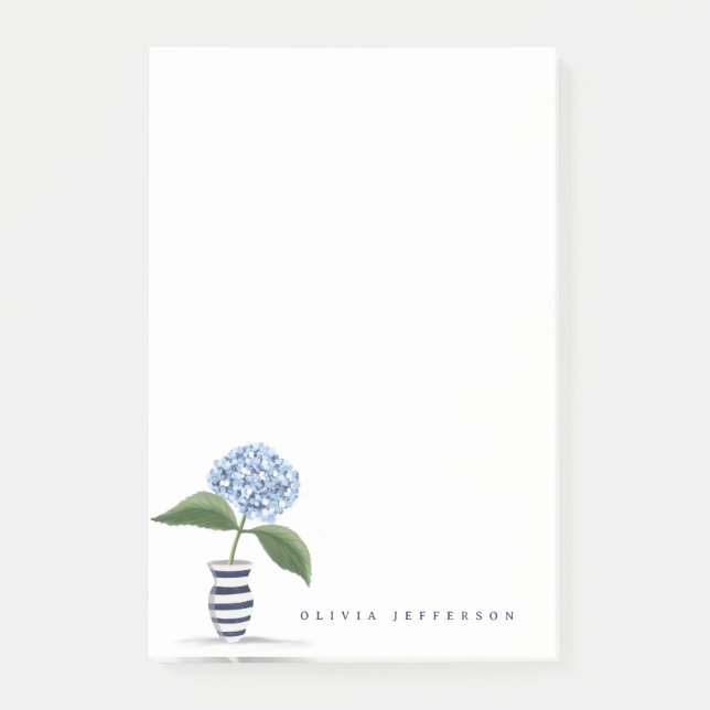 Blue Hydrangea and Navy Striped Vase Personalized Post-it Notes (Front)