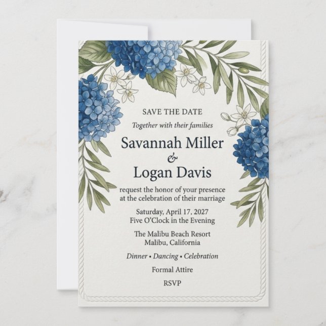 Blue Hydrangea and Olive Greenery Watercolor  Invitation (Front)