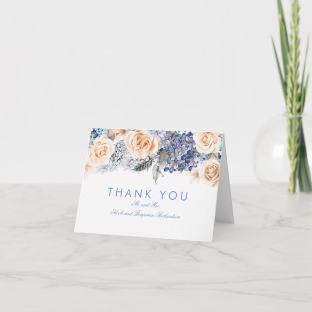 Blue Hydrangea and Peach Roses Bouquet Thank You (Front)