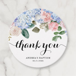 Blue Hydrangea and Pink Rose Baptism Thank You Favour Tags