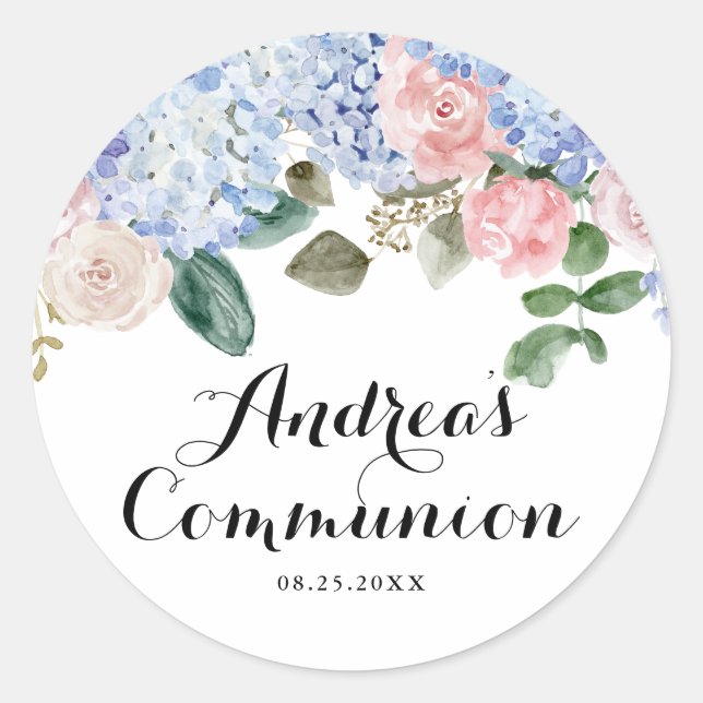 Blue Hydrangea and Pink Rose First Holy Communion Classic Round Sticker (Front)
