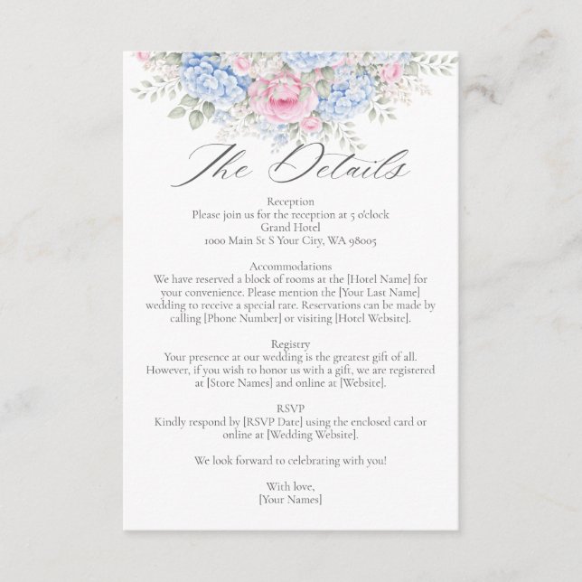 Blue Hydrangea and Pink Rose Floral Garden Wedding Enclosure Card (Front)