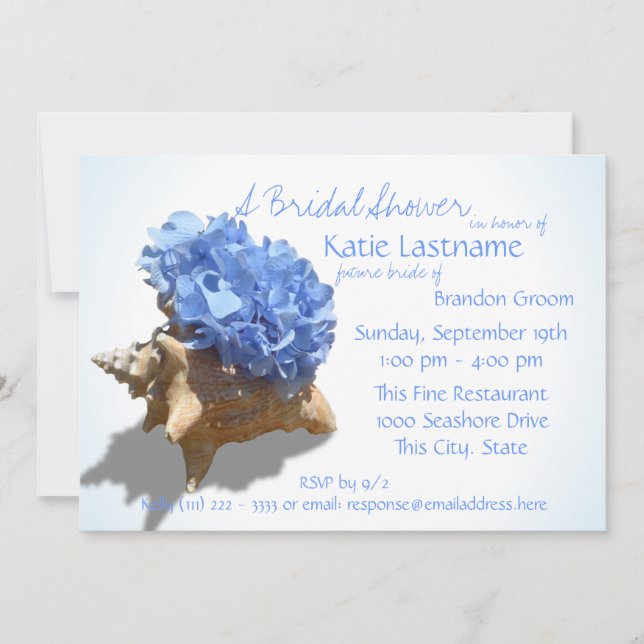 Blue Hydrangea and Seashell Bridal Shower Invitation (Front)