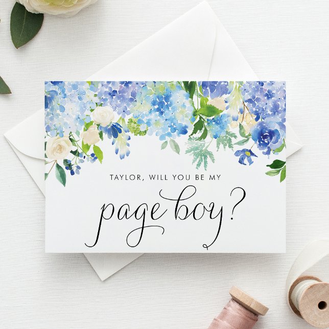 Blue Hydrangea and White Rose Garland Page Boy Invitation Postcard (Blue hydrangea and white rose page boy card with greenery accents for classic floral weddings.)