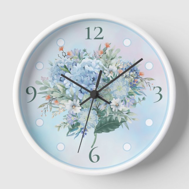 Blue Hydrangea Aquarelle Arrondi Mur Horloge (Recto)