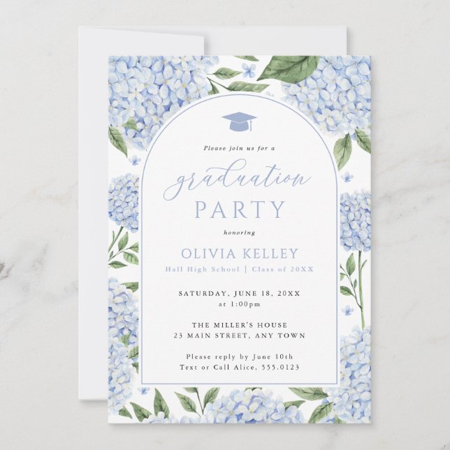 Blue Hydrangea Arched Photo Graduation Invitation (Front)