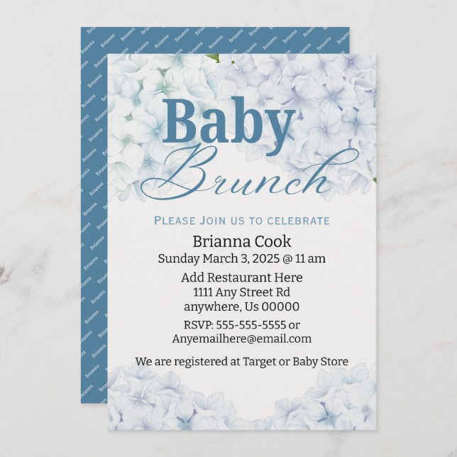 Blue Hydrangea Baby Shower/Baby Brunch Invitations (Front/Back)
