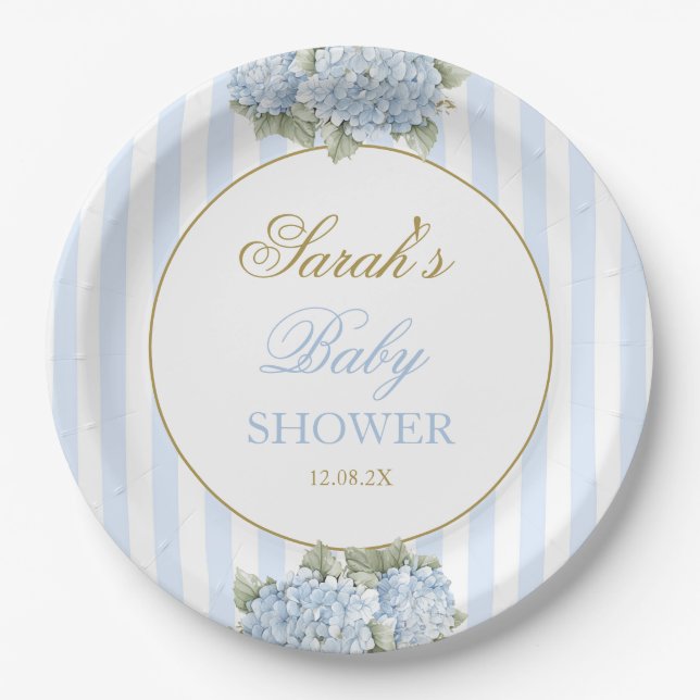 Blue Hydrangea Baby Shower Paper Plate (Front)