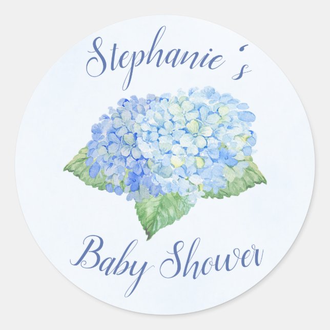 Blue Hydrangea Baby Shower Personalized Classic Round Sticker (Front)