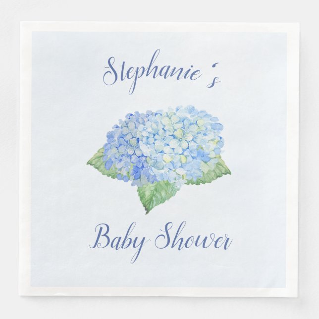 Blue Hydrangea Baby Shower Personalized Napkin (Front)