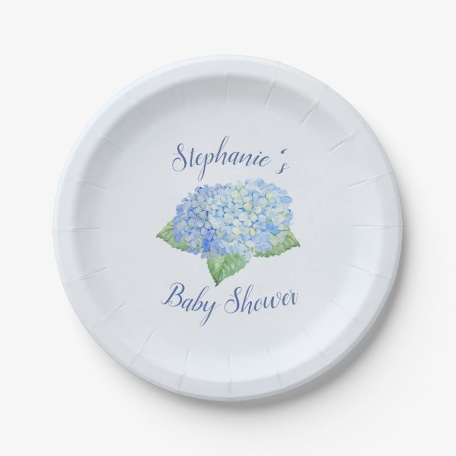Blue Hydrangea Baby Shower Personalized Paper Plate (Front)