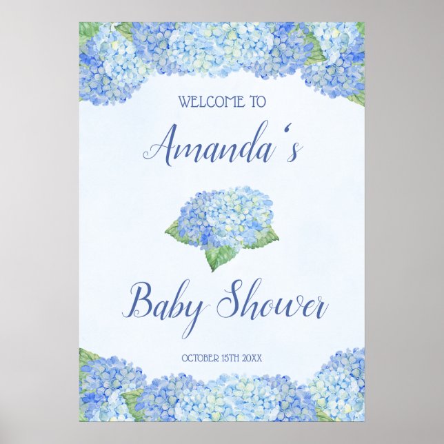 Blue Hydrangea Baby Shower Personalized Poster (Front)