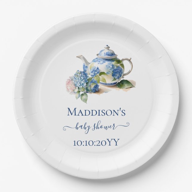  Blue Hydrangea Baby Shower Tea Party Paper Plate (Front)