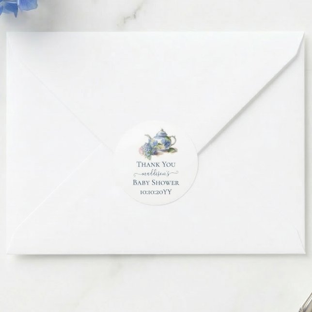 Blue Hydrangea Baby Shower Tea Party Thank You Classic Round Sticker (Creator Uploaded)
