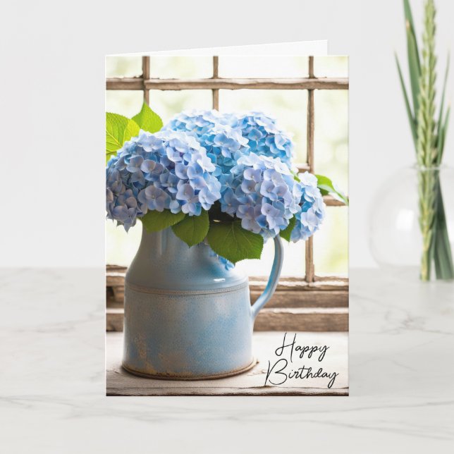 Blue Hydrangea Birthday Bouquet In Window Card (Front)