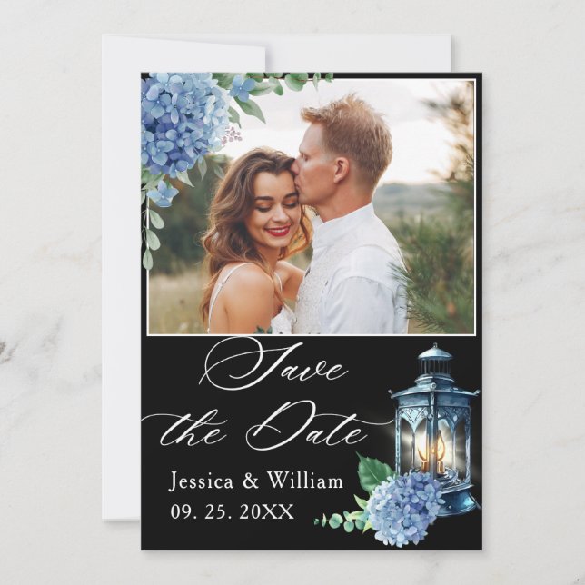 Blue Hydrangea Black Classic Lantern Photo Wedding Save The Date (Front)