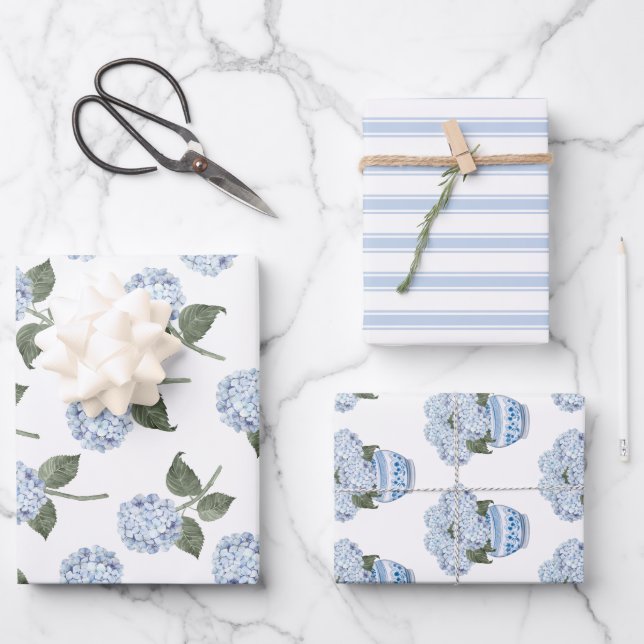 Blue Hydrangea Bloom Floral Set Wrapping Paper Sheet (Front)