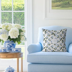 Blue Hydrangea Bloom Monogram   Throw Pillow