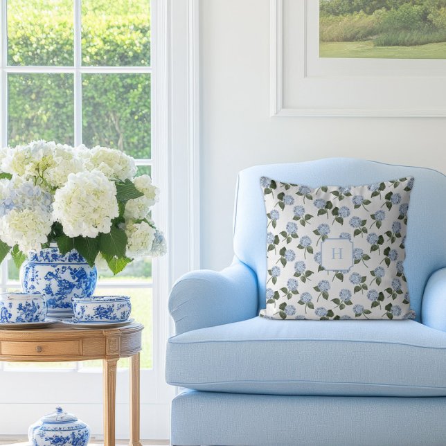 Blue Hydrangea Bloom Monogram   Throw Pillow (Hydrangea Bloom Blue Monogram Pillow)