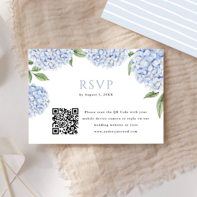 Blue Hydrangea Bloom QR Code Block Print Reply RSVP Card (Creator Uploaded)