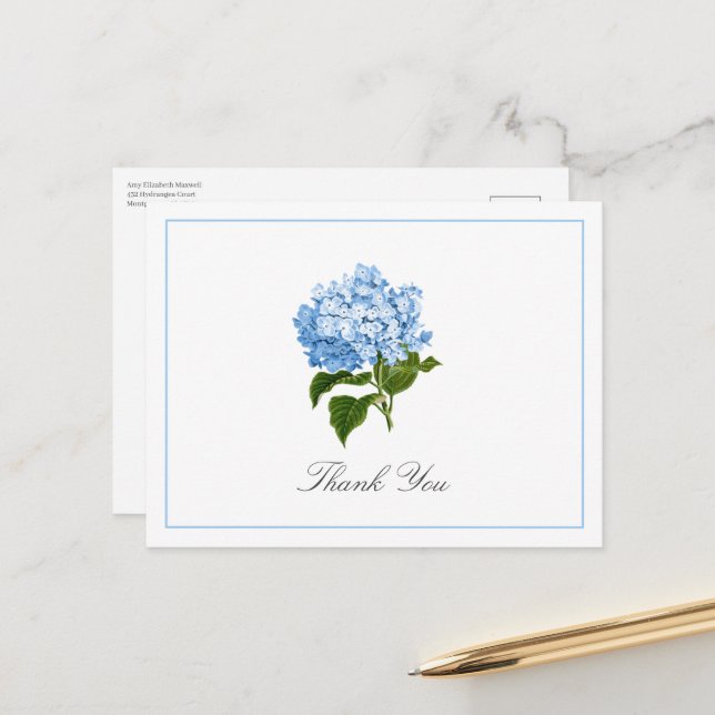 Blue Hydrangea Bloom Traditional Thank You Postcard (Front/Back In Situ)