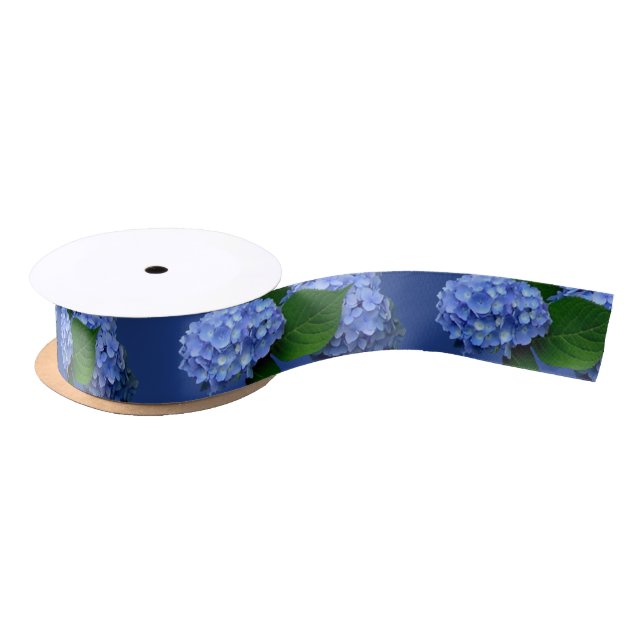 Blue Hydrangea Blooms Greenery Satin Ribbon (Spool)