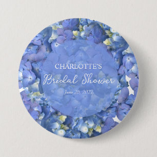 Blue Hydrangea Blooms Personalized Bridal Shower 3 Inch Round Button