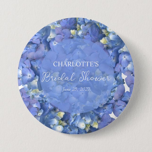 Blue Hydrangea Blooms Personalized Bridal Shower 3 Inch Round Button (Front)