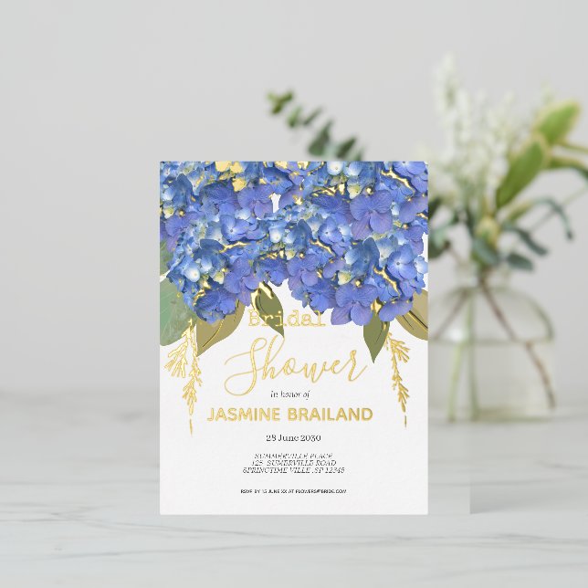 Blue Hydrangea Blooms Personalized Bridal Shower Foil Invitation Postcard (Standing Front)