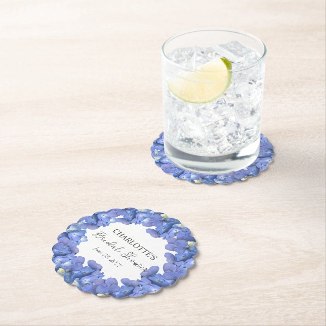 Blue Hydrangea Blooms Personalized Bridal Shower Paper Coaster (Insitu)
