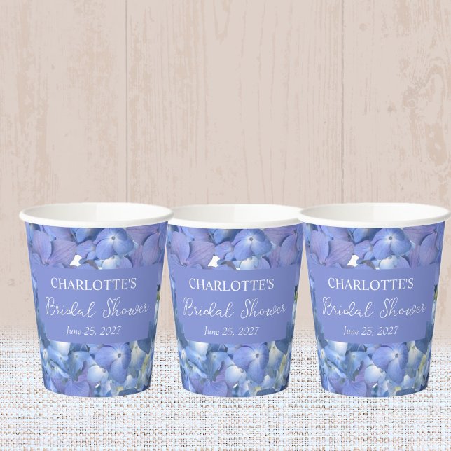 Blue Hydrangea Blooms Personalized Bridal Shower Paper Cups (Creator Uploaded)
