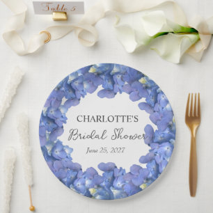 Blue Hydrangea Blooms Personalized Bridal Shower Paper Plate