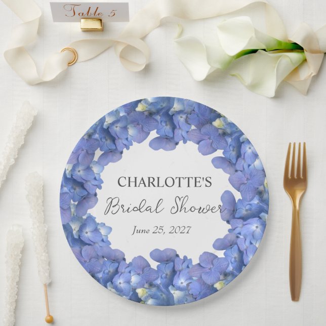 Blue Hydrangea Blooms Personalized Bridal Shower Paper Plate (Wedding)
