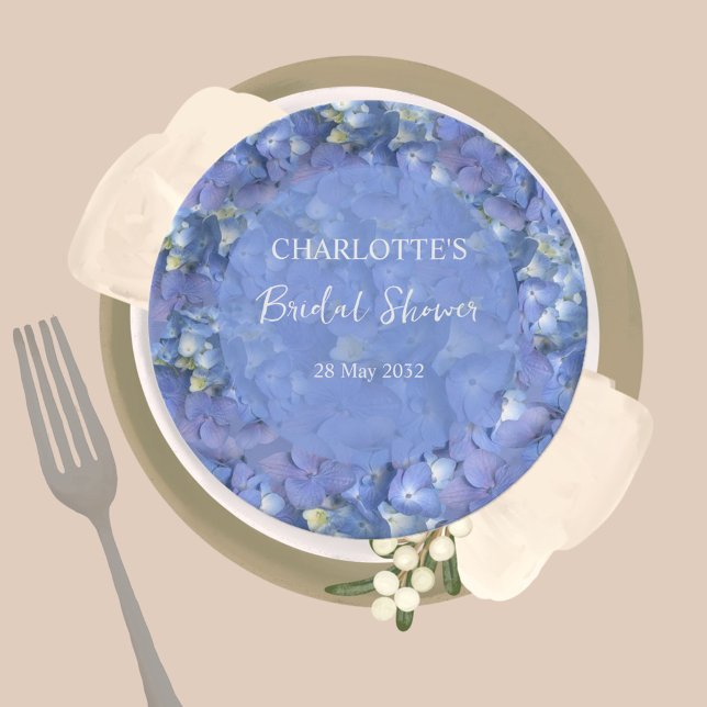 Blue Hydrangea Blooms Personalized Bridal Shower Paper Plate (Creator Uploaded)