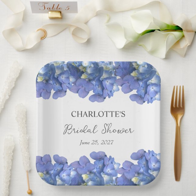 Blue Hydrangea Blooms Personalized Bridal Shower Paper Plate (Wedding)