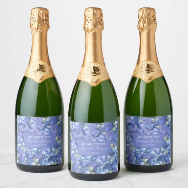 Blue Hydrangea Blooms Personalized Bridal Shower Sparkling Wine Label (Bottles)