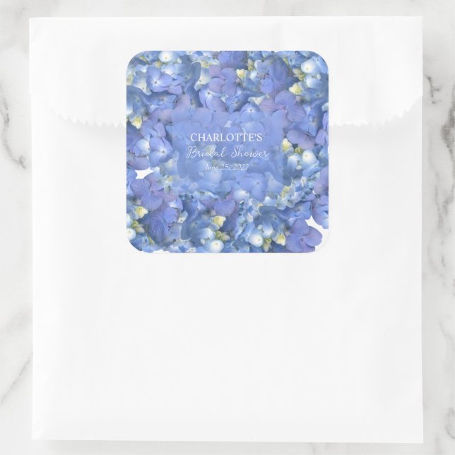 Blue Hydrangea Blooms Personalized Bridal Shower Square Sticker (Bag)
