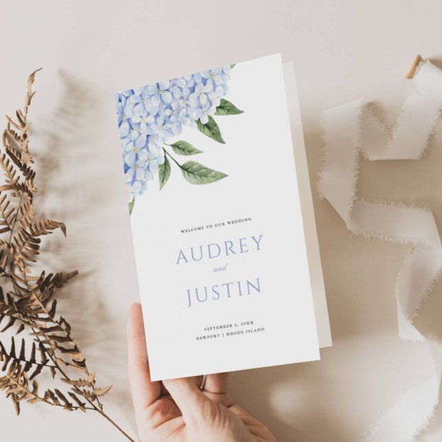 Blue Hydrangea Blooms Wedding Folded Paper Program (Creator Uploaded)