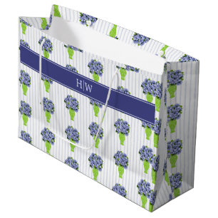 Blue Hydrangea Blue Stripe Coastal Monogram Large Gift Bag