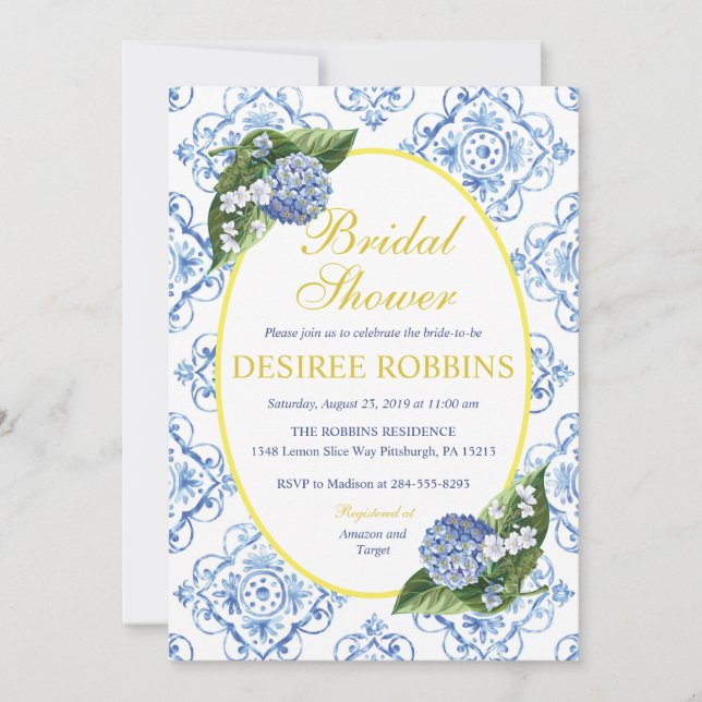 Blue Hydrangea Blue Tile Bridal Shower Invitation (Front)